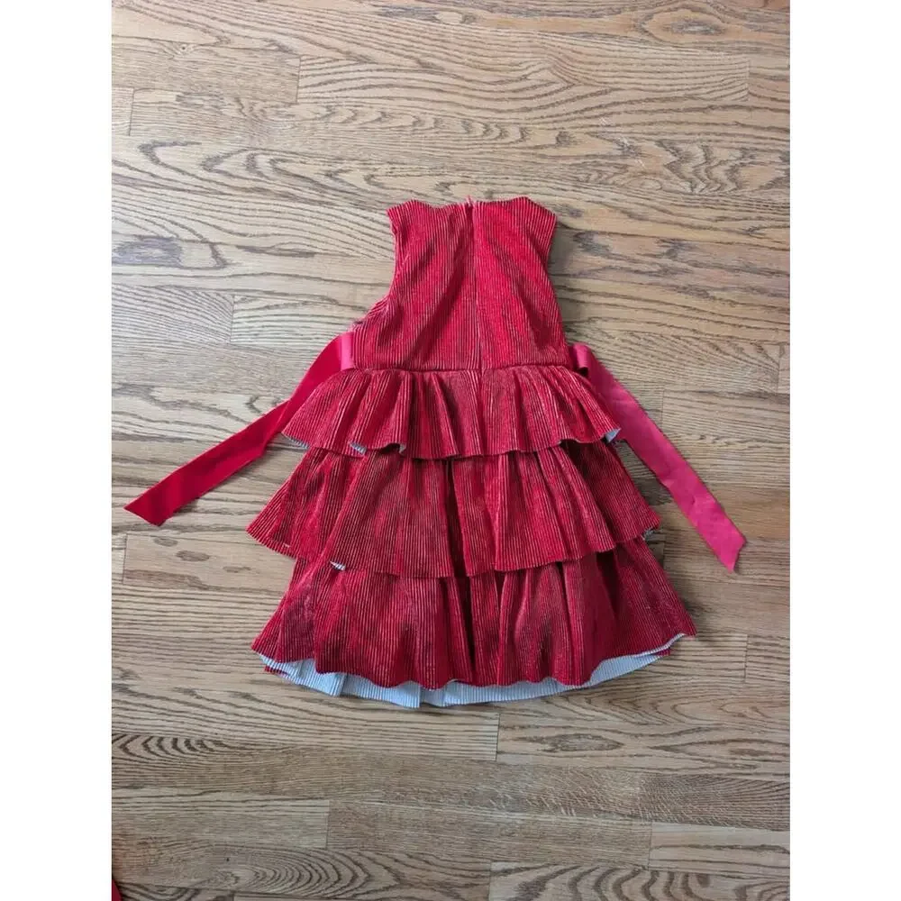 Mini Boden Red pleated metallic tiered pleated dress Size 3-4y